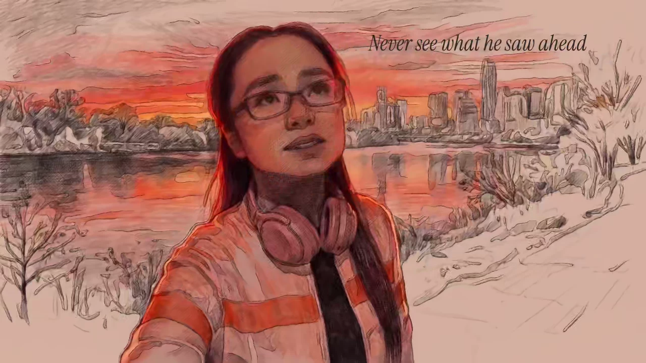 Colored-pencil frame of Jade looking up toward the sky, headphones around her neck, beside a snowy lake and city skyline at sunset. The lyric &ldquo;Never see what he saw ahead&rdquo; appears above.
